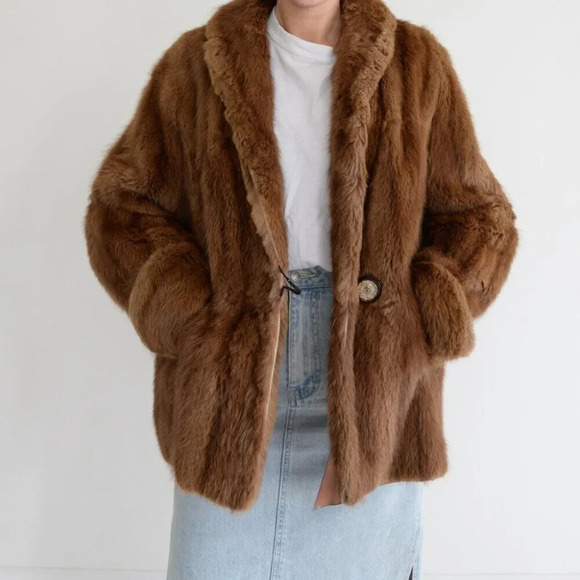 Vintage Brown Single Button Fur Jacket Coat M - Picture 1 of 15